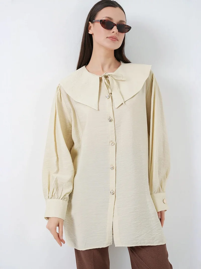 بيغ دارت BDART Long Loose Fit Blouse with Baby Collar and Bow Detail