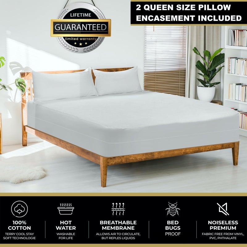 MATTSHIELD ORIGINAL MATTSHIELD Ultimate 3-Piece Kit - Bed Bug-Proof Mattress Cover Queen Size 100% Cotton Top + 2 Pillow Protectors with Zipper - 6 Sided Waterproof Encasement, Total Defense Kit - Image 2