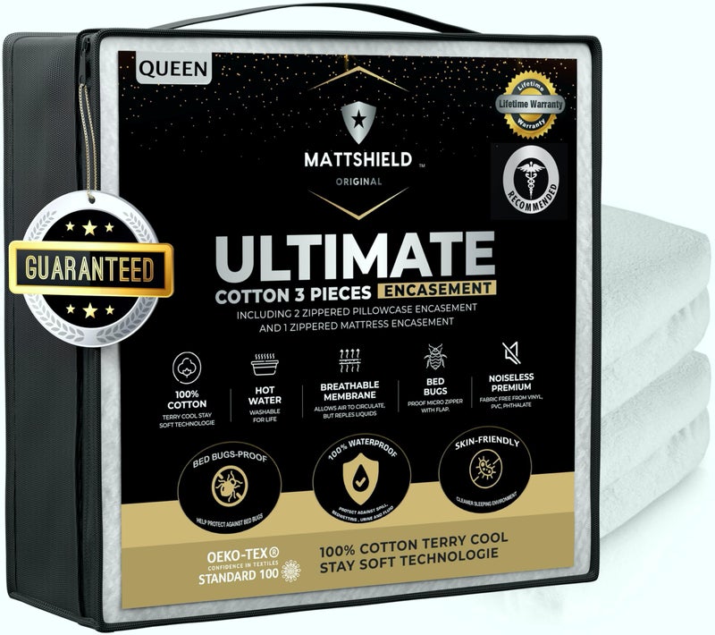 MATTSHIELD ORIGINAL MATTSHIELD Ultimate 3-Piece Kit - Bed Bug-Proof Mattress Cover Queen Size 100% Cotton Top + 2 Pillow Protectors with Zipper - 6 Sided Waterproof Encasement, Total Defense Kit - Image 1