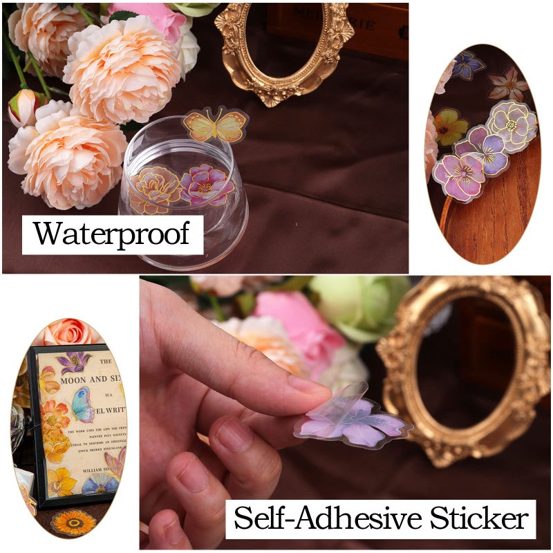 Dizdkizd Golden Floral Watercolor Transparent Stickers for Bullet Journal, 240 Pieces, Small Aesthetic Decorative Decals for Scrapbooking Crafts Planner, Laptop Sticker, Resin Sticker - Image 2