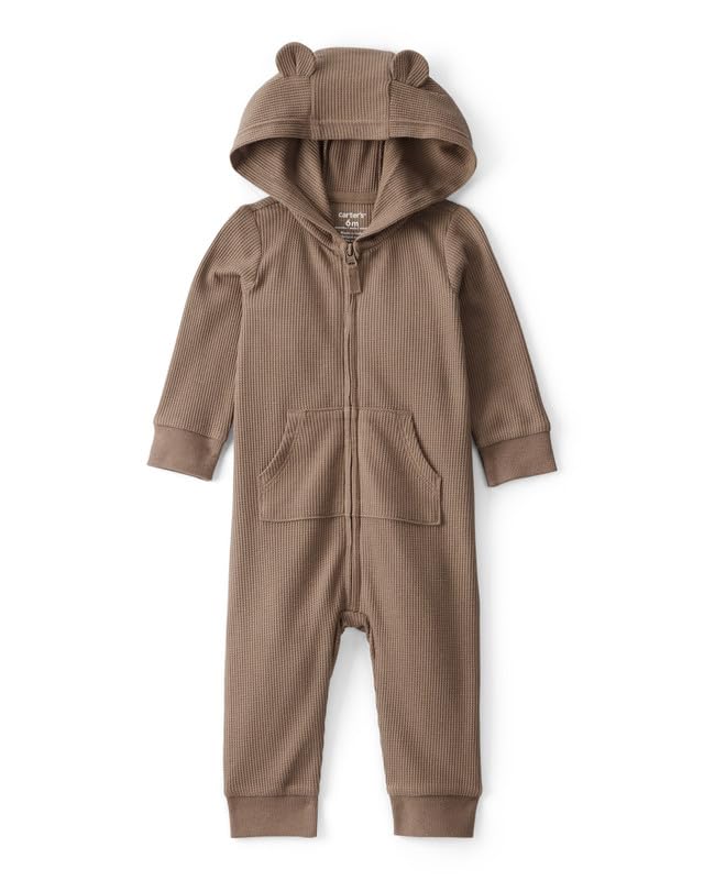 Carter's Baby Boy Bear Long-Sleeve Jumpsuit | Brown Soft Cozy One-Piece Romper - Image 1