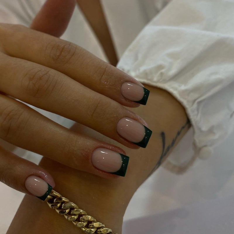 KXAMELIE Dark Green French Tip Press on Nails Short Square Nails Press ons French Tip Glue on Nails for Women DIY Acrylic French Nails Short Gel Nails Natural Thick Extra Short French Fake Nails 30Pcs 15 Sizes