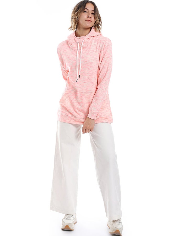 Andora Self Pattern Kangaroo Pockets Hoodie _ Neon Pink & Beige - Image 1