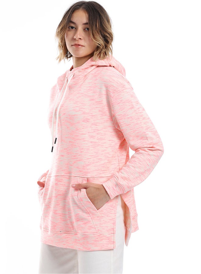 Andora Self Pattern Kangaroo Pockets Hoodie _ Neon Pink & Beige - Image 5