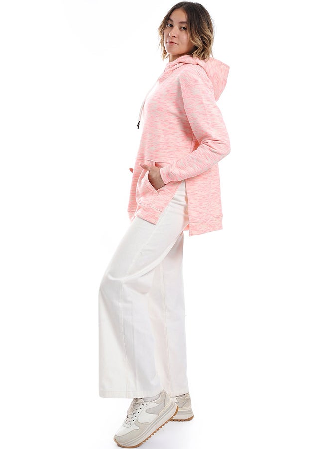 Andora Self Pattern Kangaroo Pockets Hoodie _ Neon Pink & Beige - Image 2