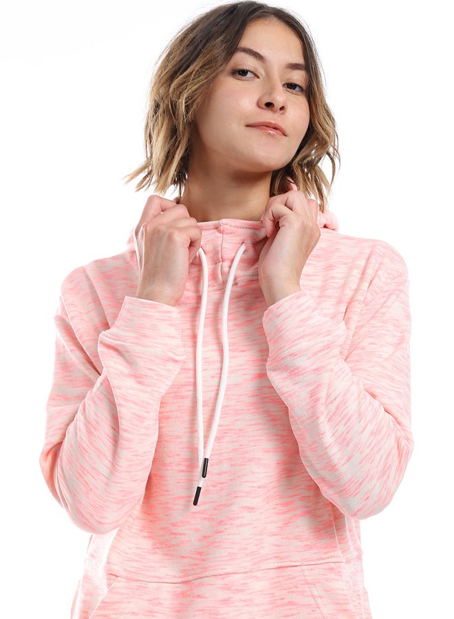 Andora Self Pattern Kangaroo Pockets Hoodie _ Neon Pink & Beige - Image 4