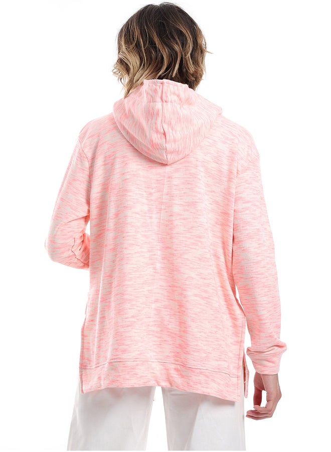 Andora Self Pattern Kangaroo Pockets Hoodie _ Neon Pink & Beige - Image 3