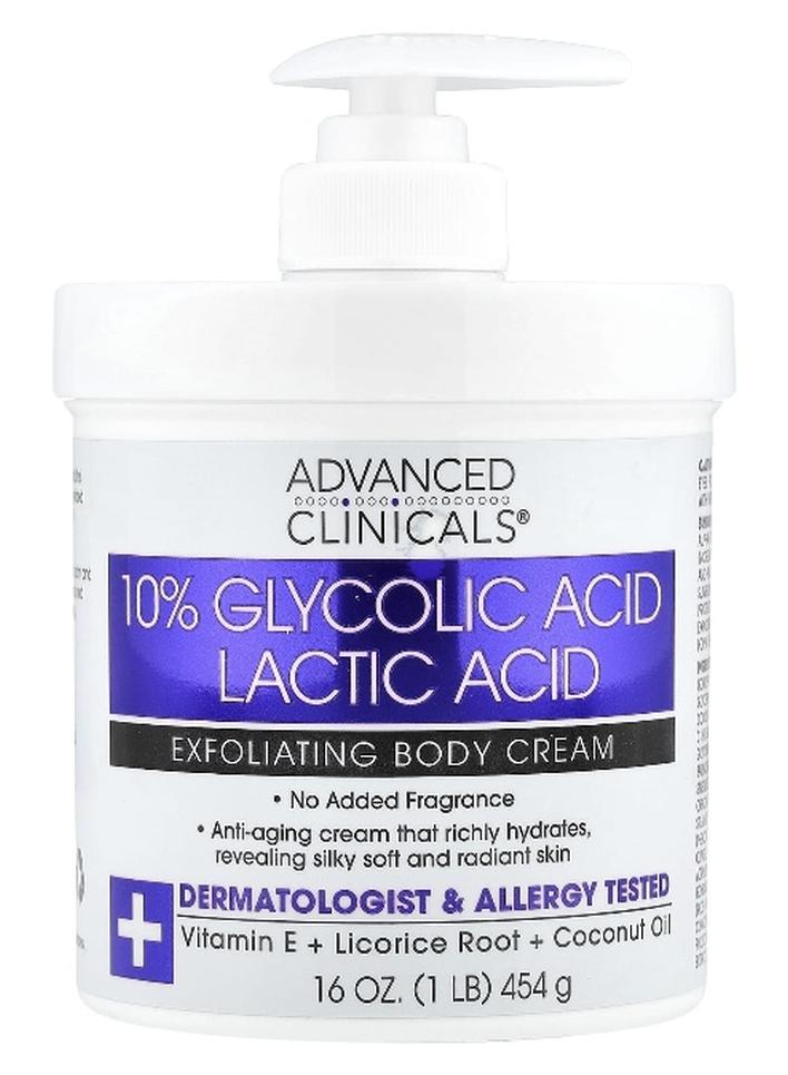 Advanced Clinicals كلينيكالز المتقدمة، 10% حمض الجليكوليك، حمض اللاكتيك، كريم تقشير الجسم، 16 أونصة (454 جرام) - Image 1