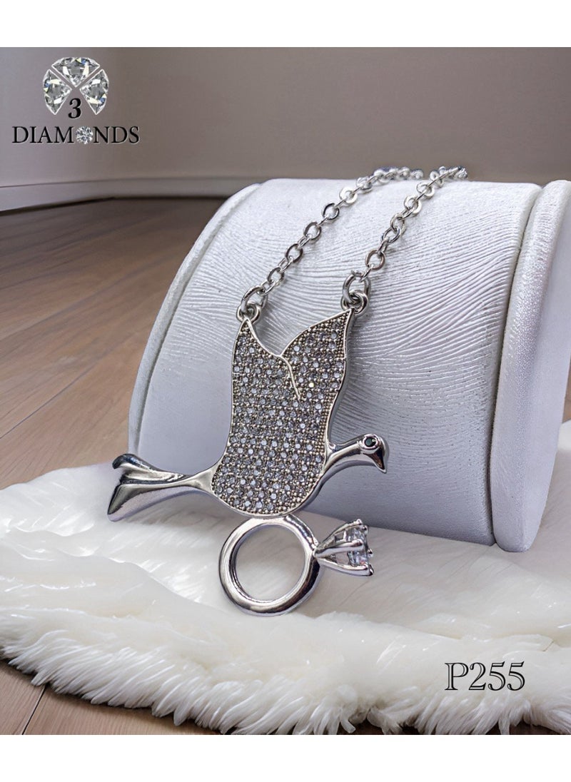 3Diamonds 3Diamonds Platinum-Plated Bird Necklace with Engagement Ring Pendant – Sparkling Romantic Jewelry  - Image 4
