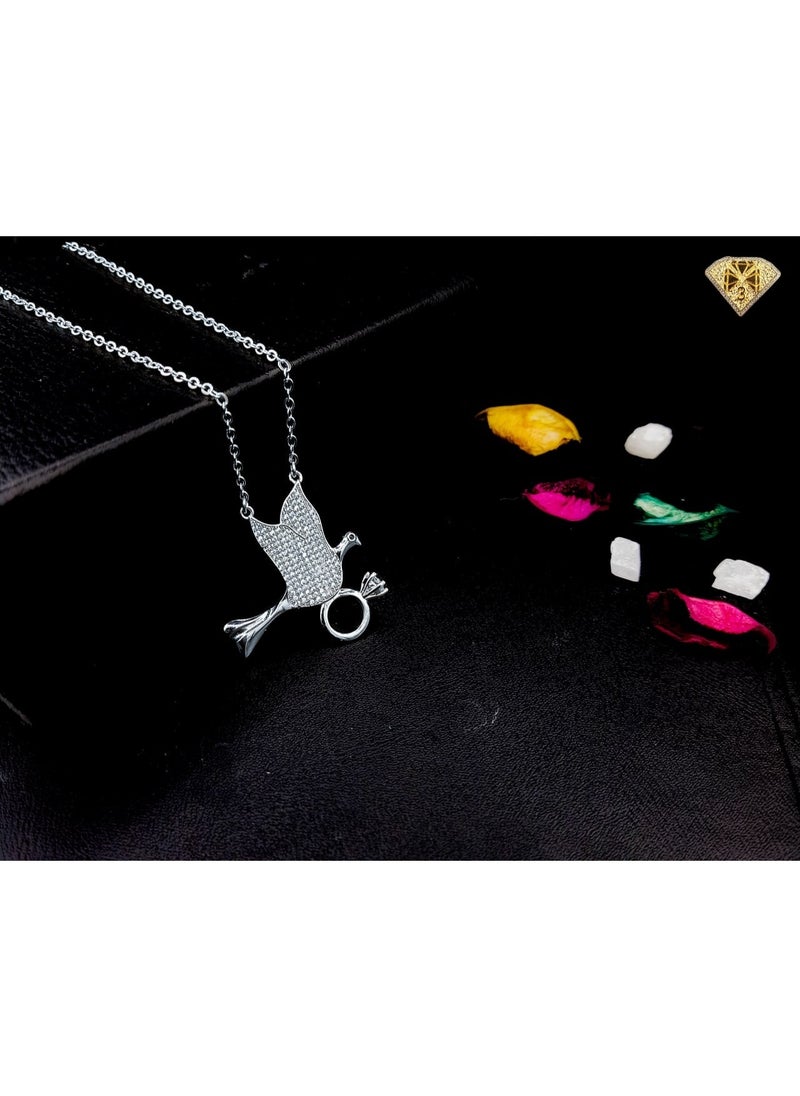 3Diamonds 3Diamonds Platinum-Plated Bird Necklace with Engagement Ring Pendant – Sparkling Romantic Jewelry  - Image 3