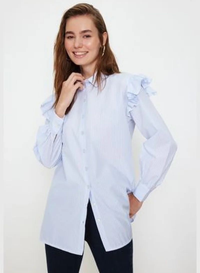 trendyol Light Blue Striped Cotton Woven Shirt