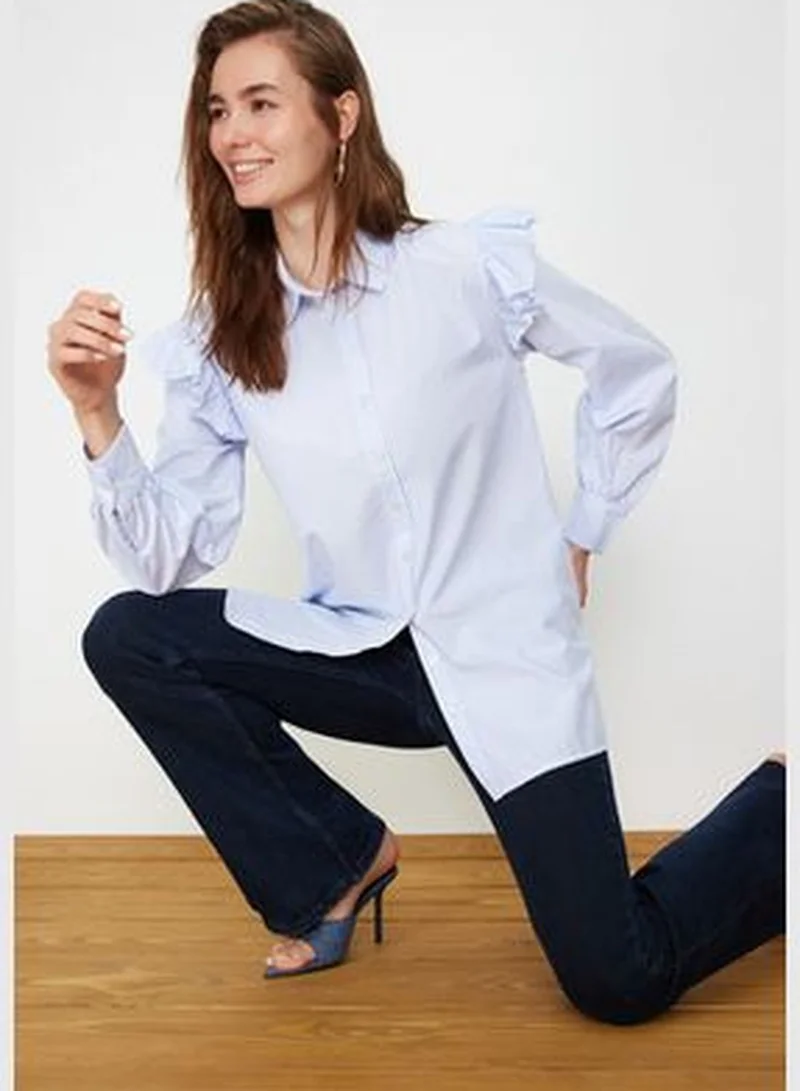 trendyol Light Blue Striped Cotton Woven Shirt