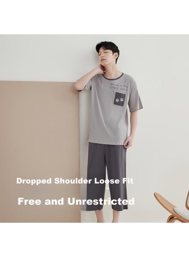 Top melon Dingguagua Dingguagua Men's Pure Cotton Spring Summer Short Sleeve Couple Wearable Homewear Set Men's Dove Gray 170 - Image 3