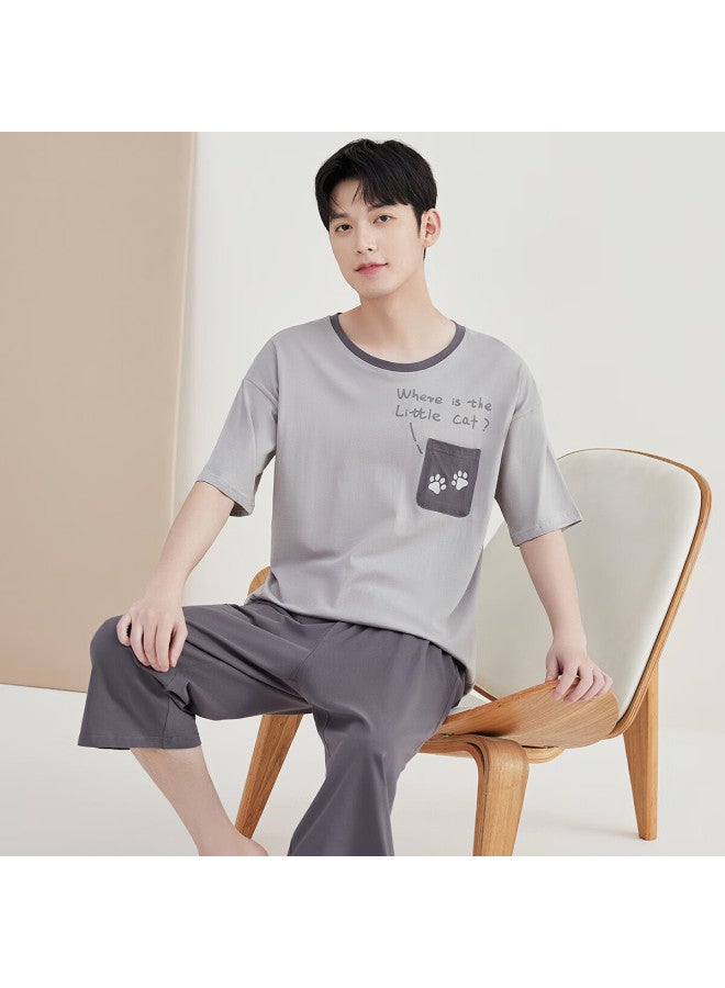 Top melon Dingguagua Dingguagua Men's Pure Cotton Spring Summer Short Sleeve Couple Wearable Homewear Set Men's Dove Gray 170 - Image 2