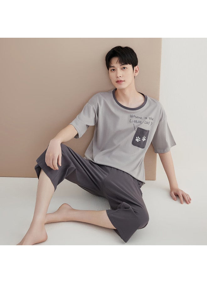 Top melon Dingguagua Dingguagua Men's Pure Cotton Spring Summer Short Sleeve Couple Wearable Homewear Set Men's Dove Gray 170 - Image 1