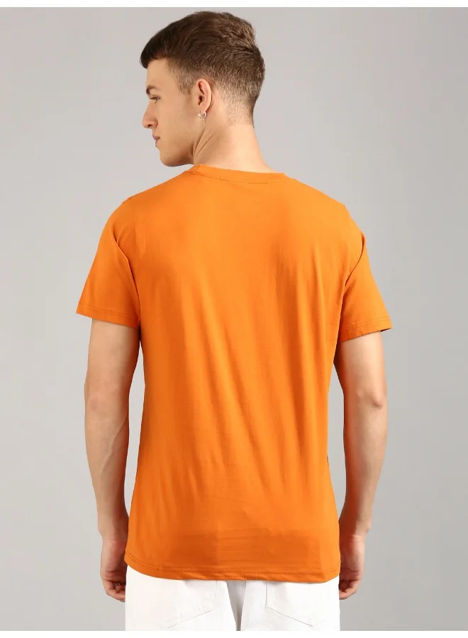 جوفن Orange Printed Round Neck T-Shirt for Men