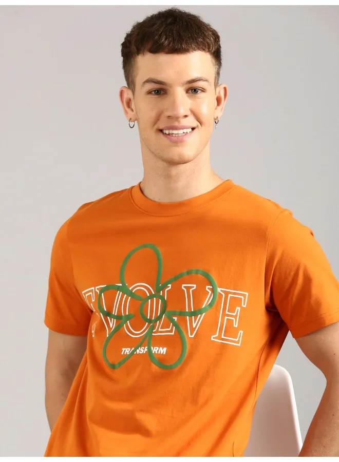 جوفن Orange Printed Round Neck T-Shirt for Men