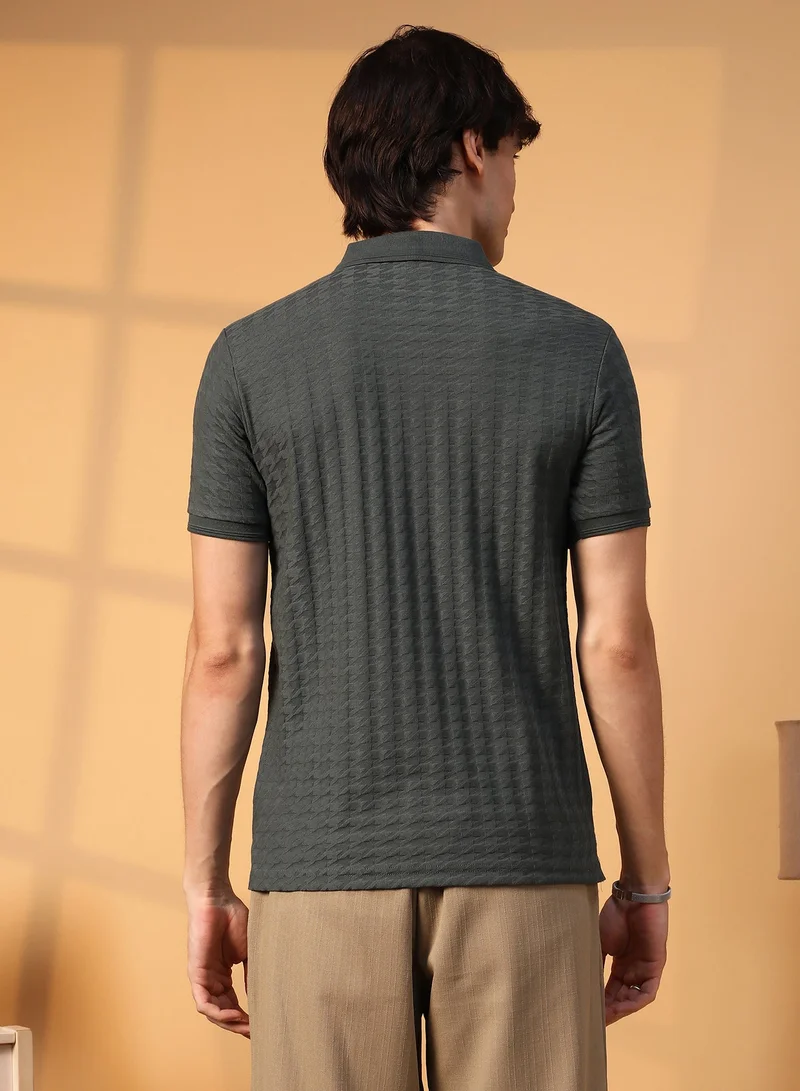 CAHOOT  Men's Charcoal Grey Houndstooth-Textured Polo T-Shirt For Casual Wear | Polo Neck | Short Sleeve | Half-Button Closure | T-Shirt Crafted With Comfort Fit For Everyday Wear for Men | Best Price UAE