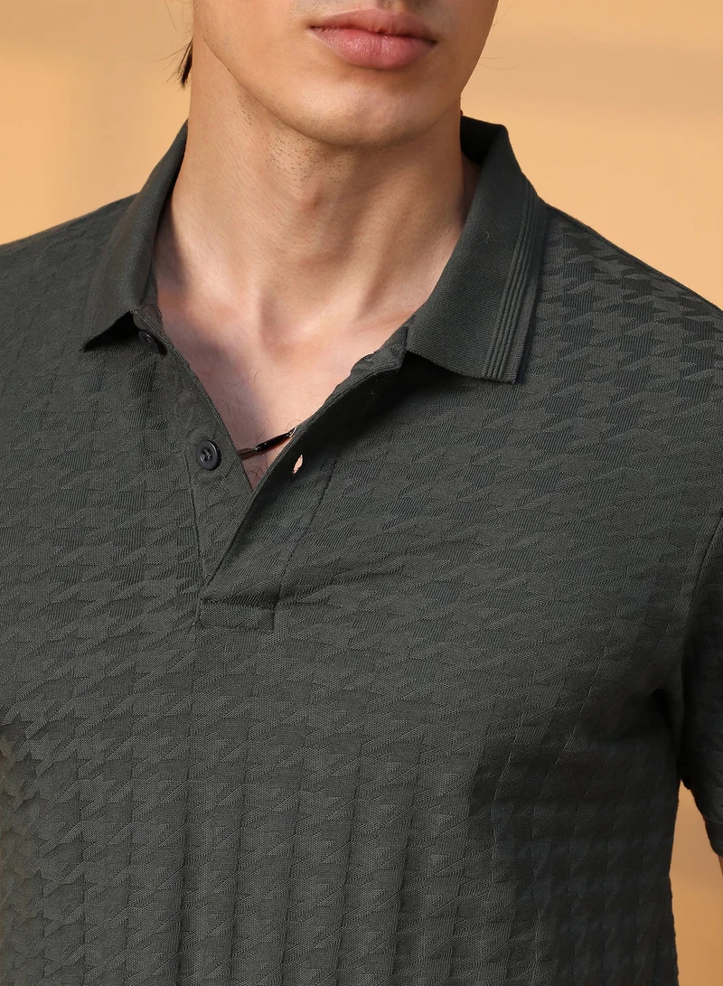 CAHOOT  Men's Charcoal Grey Houndstooth-Textured Polo T-Shirt For Casual Wear | Polo Neck | Short Sleeve | Half-Button Closure | T-Shirt Crafted With Comfort Fit For Everyday Wear for Men | Best Price UAE