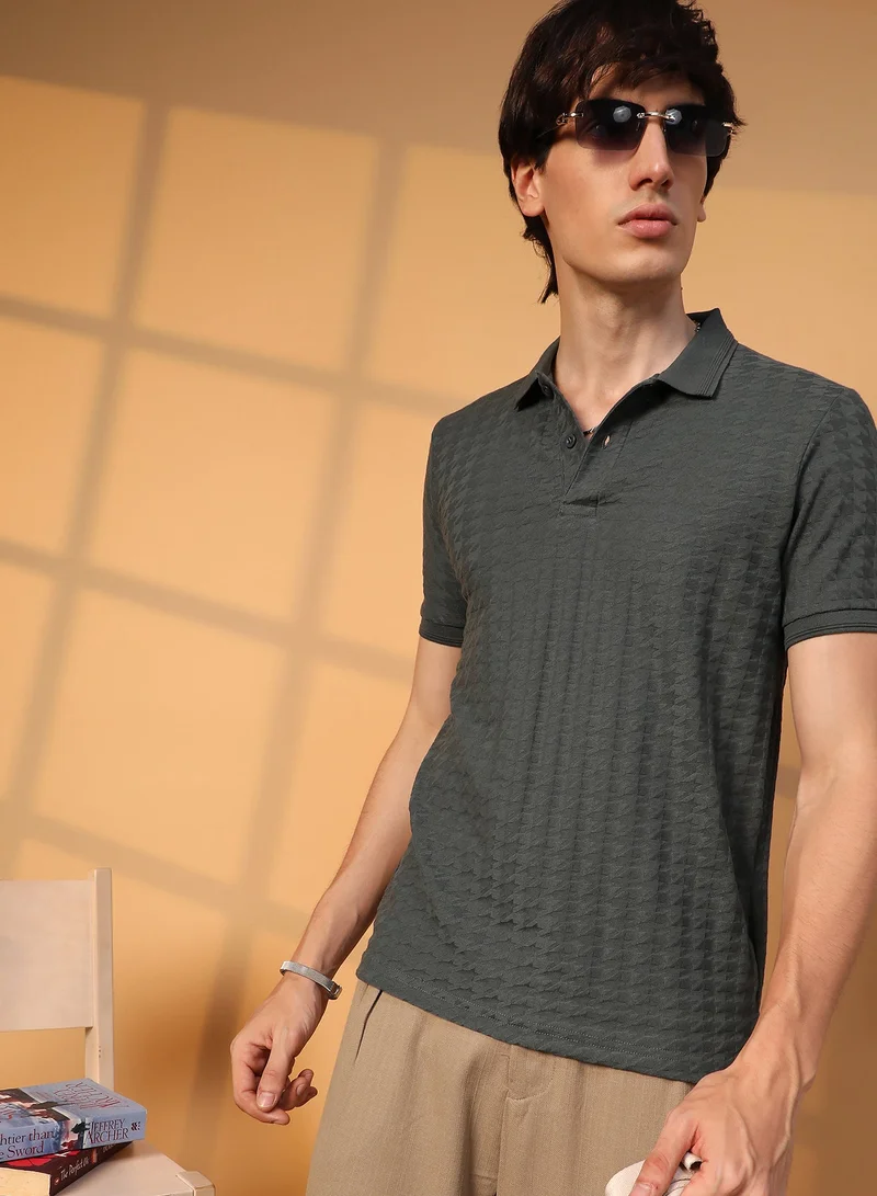 كامبوس سوترا Men's Charcoal Grey Houndstooth-Textured Polo T-Shirt For Casual Wear | Polo Neck | Short Sleeve | Half-Button Closure | T-Shirt Crafted With Comfort Fit For Everyday Wear