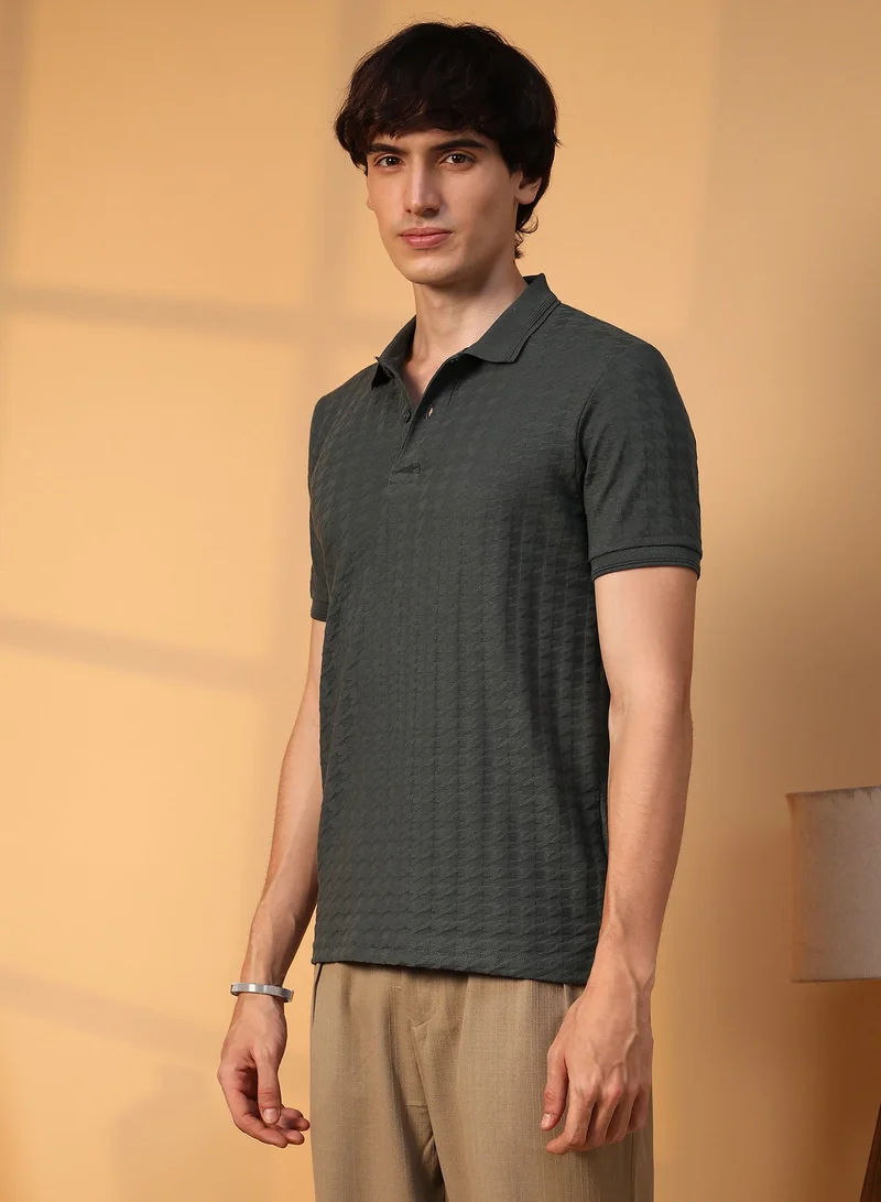 CAHOOT  Men's Charcoal Grey Houndstooth-Textured Polo T-Shirt For Casual Wear | Polo Neck | Short Sleeve | Half-Button Closure | T-Shirt Crafted With Comfort Fit For Everyday Wear for Men | Best Price UAE