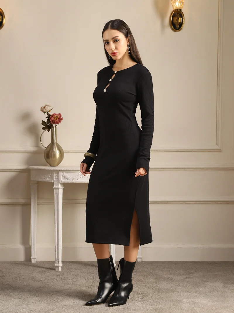 Globus Women Black Keyhole Neck Long Sleeves Side Slit Ribbed Midi Bodycon Dress