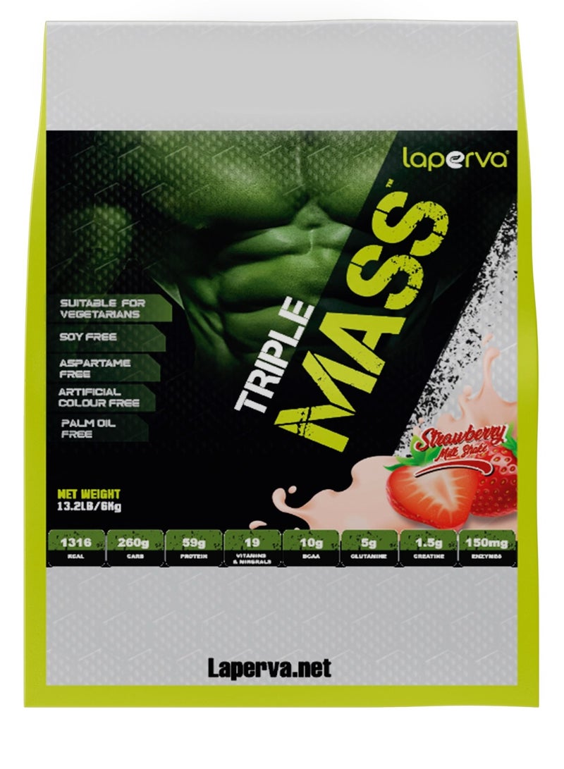 Laperva Triple Mass Gainer – Strawberry Milkshake Flavour, 6 Kg | High-Calorie Weight Gainer with 59 g Protein, BCAA, Creatine & Glutamine for Muscle Growth & Recovery