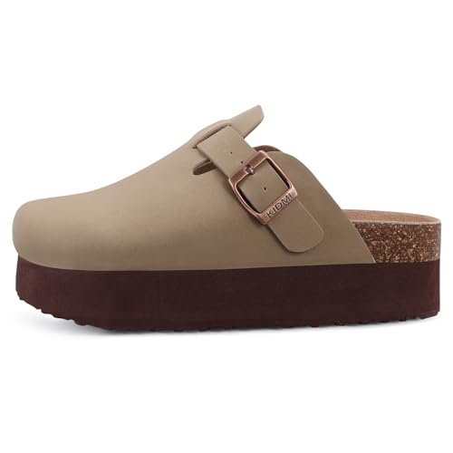 KIDMI Women's Platform Clogs Leather Mules Cork Footbed Potato Shoes, Taupe, Size 7.5-8 - Image 3