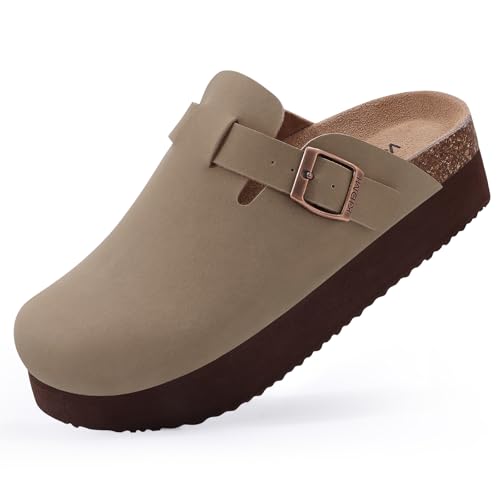 KIDMI Women's Platform Clogs Leather Mules Cork Footbed Potato Shoes, Taupe, Size 7.5-8 - Image 1
