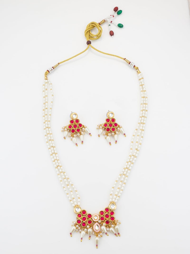BEVOGUE Traditional Multi-Strand Necklace Set for Women | Gold Plated Brass Jewellery with Red & White Stones | Latest Ethnic Design | Ideal Wedding & Party Gift Choice (NK4744) - Image 4