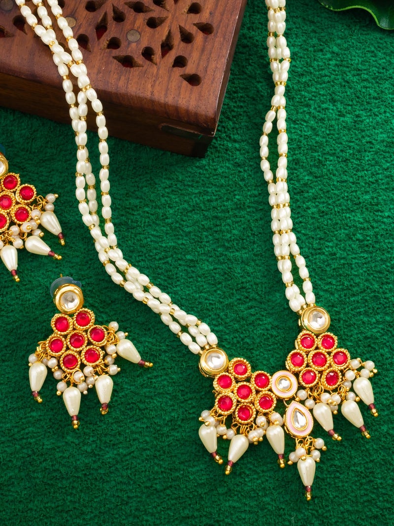 BEVOGUE Traditional Multi-Strand Necklace Set for Women | Gold Plated Brass Jewellery with Red & White Stones | Latest Ethnic Design | Ideal Wedding & Party Gift Choice (NK4744) - Image 3