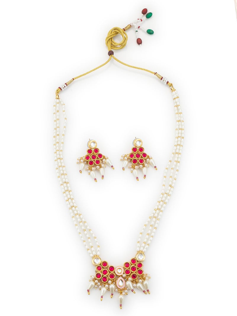 BEVOGUE Traditional Multi-Strand Necklace Set for Women | Gold Plated Brass Jewellery with Red & White Stones | Latest Ethnic Design | Ideal Wedding & Party Gift Choice (NK4744) - Image 1