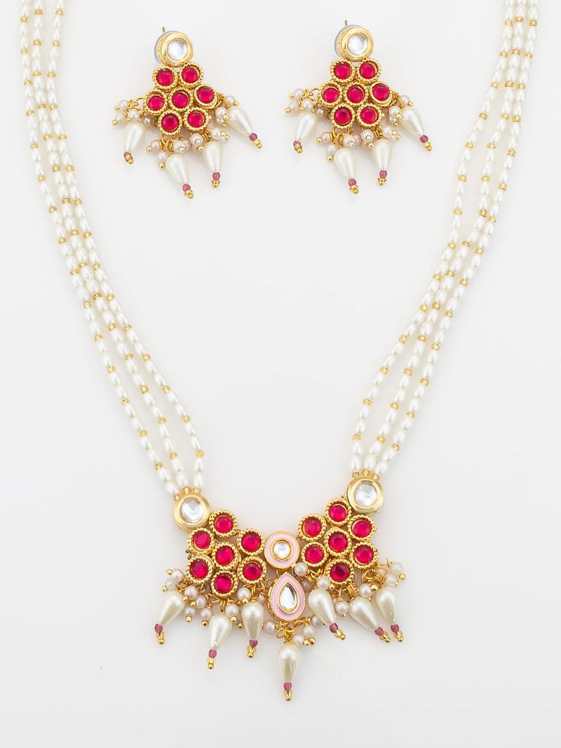 BEVOGUE Traditional Multi-Strand Necklace Set for Women | Gold Plated Brass Jewellery with Red & White Stones | Latest Ethnic Design | Ideal Wedding & Party Gift Choice (NK4744) - Image 5
