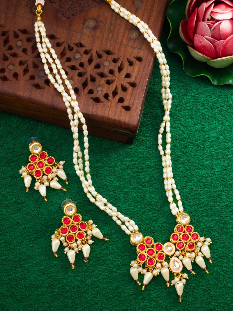 BEVOGUE Traditional Multi-Strand Necklace Set for Women | Gold Plated Brass Jewellery with Red & White Stones | Latest Ethnic Design | Ideal Wedding & Party Gift Choice (NK4744) - Image 2