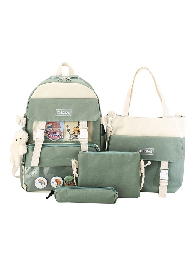 4-Piece Kawaii Backpack Set with Bear Pendant - Cute Cartoon Canvas School Bag, Pencil Case, and Lunch Box Bag (Green) - Perfect for Kids and Students! - Image 1
