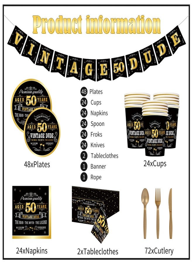 ABURRORI 183 Pcs Vintage 50th Party Tableware Set, Black Gold Vintage Happy 50 Birthday Tablecloth 24 Guests Dinner Plates Dessert Plate Cup and Napkins for Men Cheers 50th Theme Birthday Party Supplies - Image 3
