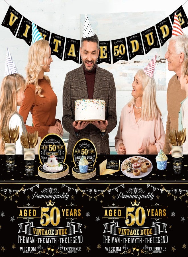 ABURRORI 183 Pcs Vintage 50th Party Tableware Set, Black Gold Vintage Happy 50 Birthday Tablecloth 24 Guests Dinner Plates Dessert Plate Cup and Napkins for Men Cheers 50th Theme Birthday Party Supplies - Image 5