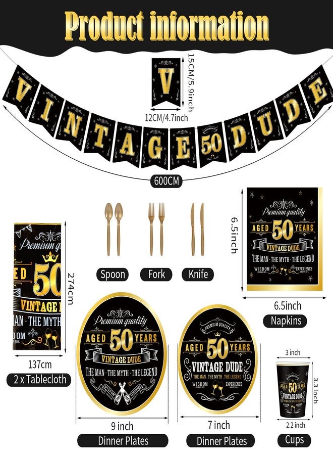 ABURRORI 183 Pcs Vintage 50th Party Tableware Set, Black Gold Vintage Happy 50 Birthday Tablecloth 24 Guests Dinner Plates Dessert Plate Cup and Napkins for Men Cheers 50th Theme Birthday Party Supplies - Image 2