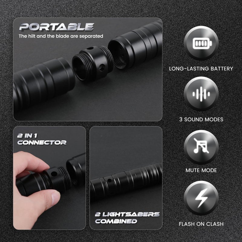 Joyyy Dueling Lightsaber Alloy Handle Light Saber RGB 15 Color FX Sound Doubled Blade 2 in 1 Rechargeable Light Up Swords Toy for Adult Kids Birthday Thanksgiving Xmas Gift Halloween Cosplay (Black) - Image 4
