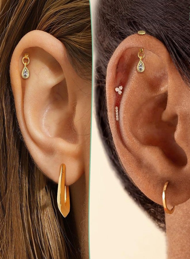 كوتشارم أقراط كوشارم 16G بتصميم حلزوني عمودي، مطلية بالذهب، بتصميم متدلي، وظهر مسطح، مناسبة لثقب غضروف الأذن، مقاس 6 مم، للنساء. - Image 2