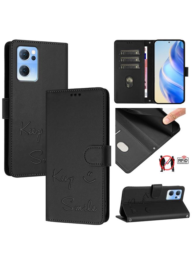 S-TOP Case For OPPO Reno7 5G Global Smile Embossing RFID Leather Phone Case - Image 1