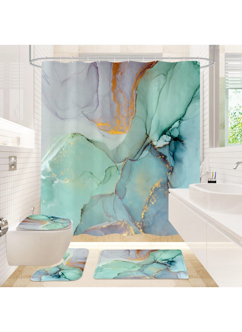 Gibelle Gibelle 4 Pcs Shower Curtain Set with NonSlip Rugs Toilet Lid Cover and Bath Mat Green Marble Bathroom Decor Set with Accessories 