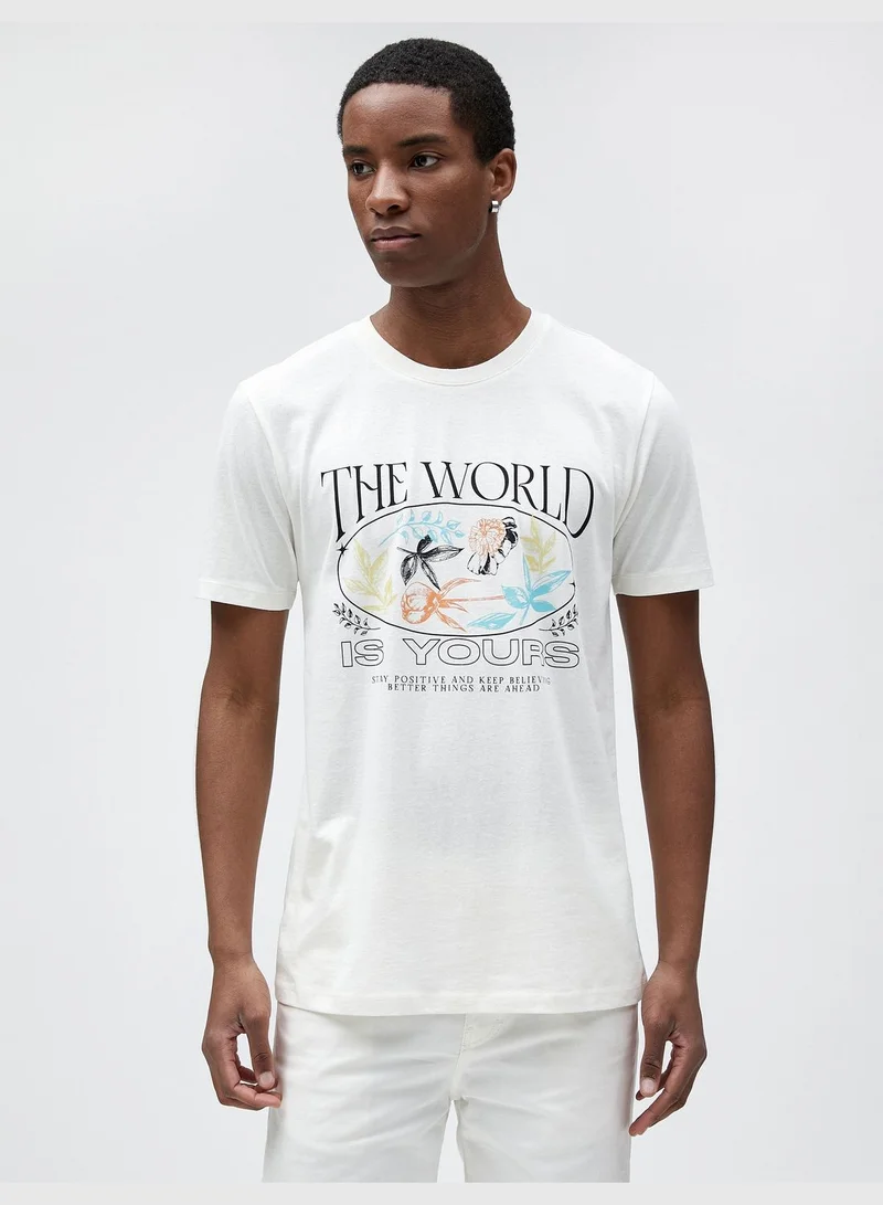 KOTON Slogan Printed T-Shirt Floral Detailed Slim Fit Crew Neck Cotton