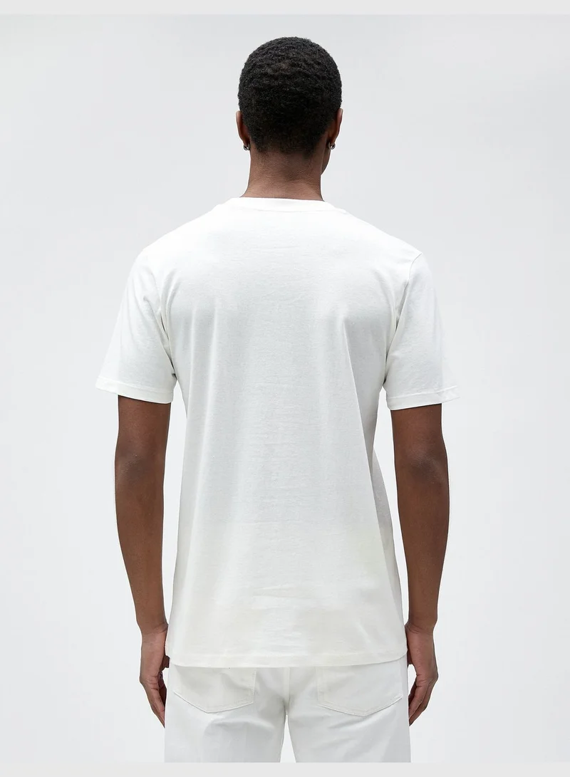 KOTON Slogan Printed T-Shirt Floral Detailed Slim Fit Crew Neck Cotton