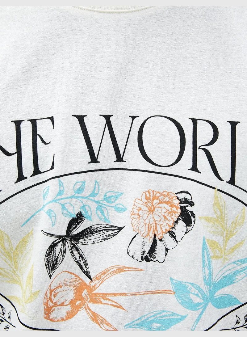 KOTON Slogan Printed T-Shirt Floral Detailed Slim Fit Crew Neck Cotton