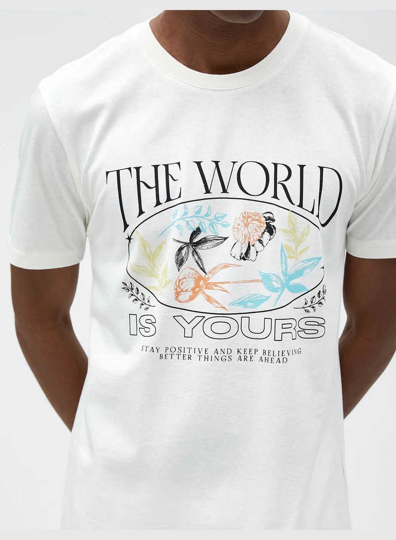 KOTON Slogan Printed T-Shirt Floral Detailed Slim Fit Crew Neck Cotton