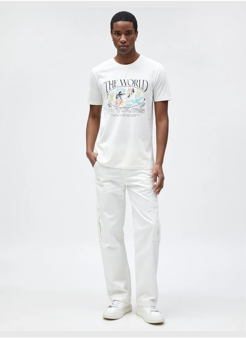 كوتون Slogan Printed T-Shirt Floral Detailed Slim Fit Crew Neck Cotton