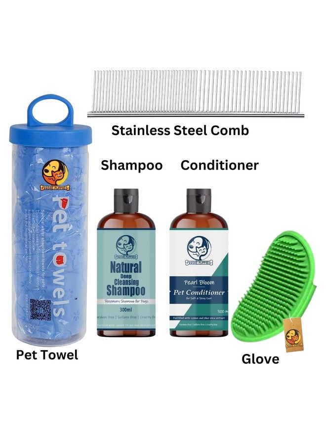 Pet Grooming Bath Kit Combo For Dogs And Puppies (Rosemary Shampoo, Pearl Conditioner, Cartoon Print Towel, Flat Comb, Soothing Glove) (Grooming Kit 5 Pcs) - Image 2