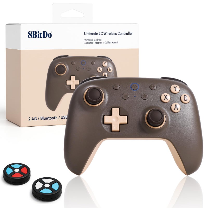 8Bitdo وحدة تحكم 8Bitdo Ultimate 2C اللاسلكية لجهاز الكمبيوتر بنظام ويندوز وأندرويد بمعدل استقصاء 1000 هرتز وعصي تحكم وتأثير هال ومشغلات وأزرار L4R4 قابلة لإعادة التعيين - إصدار خاص بني