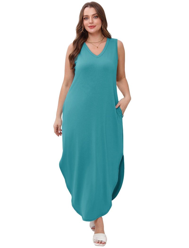 Sampeel Maxi Dresses for Women 2025 V Neck Long Beach Vacation Sundresses Summer Dress Cruise Outfits with Pockets M Blue - Image 5